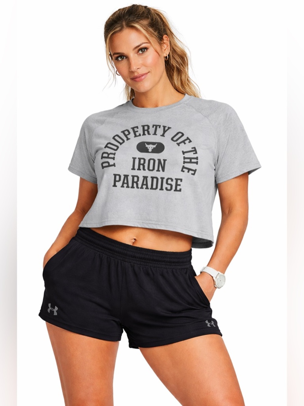 Under Armour Light Gray Cropped Iron Paradise Tee Size Large - Picture 10 of 10